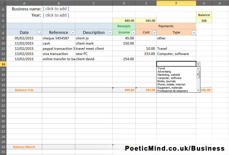 Free simple bookkeeping Excel spreadsheet Poetic Mind Gil and