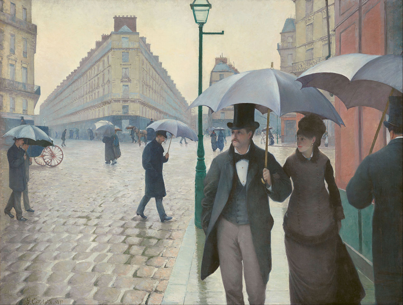 ‘Paris Street; Rainy Day’ by Gustave Caillebotte, 1877. Oil on canvas, 212.2 × 276.2 cm. Image in public domain.