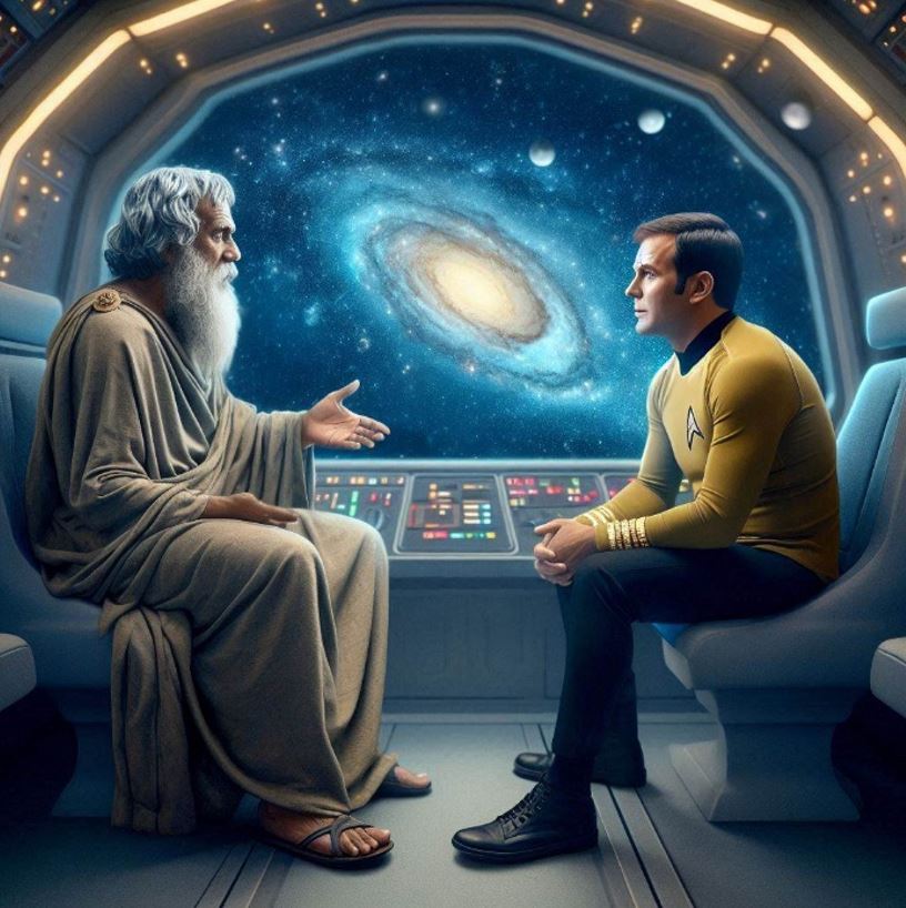 image of ‘Socrates and Captain Kirk aboard the Discovery’, by AI / Javier Mármol Queraltó. 2024.