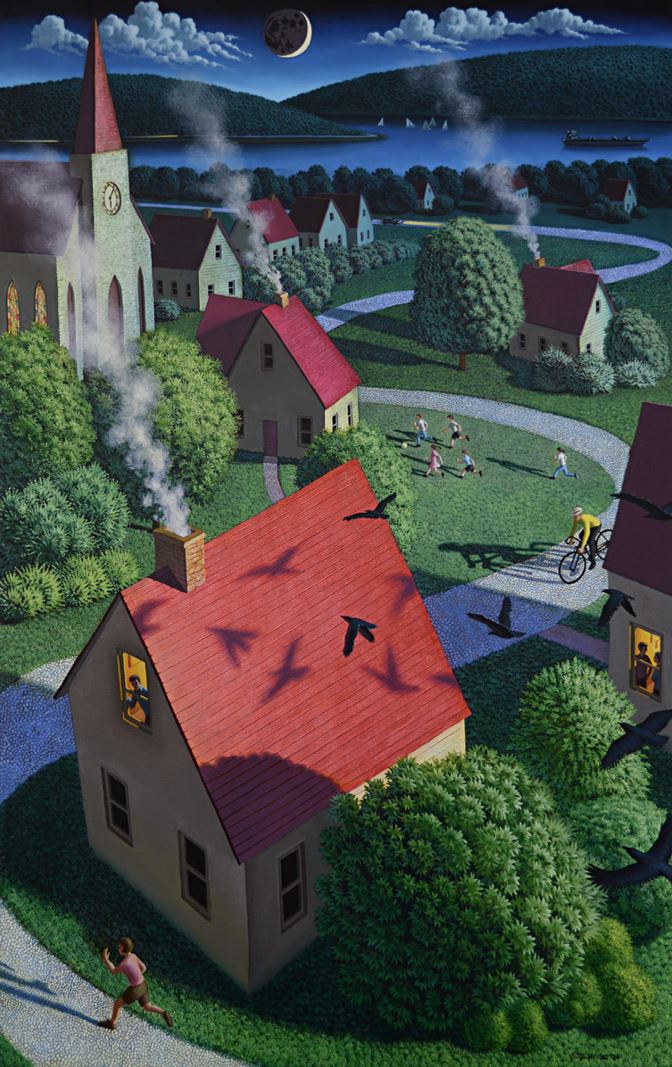 A surreal village with a red-roofed house, church, cyclist, and playing children under a crescent moon.