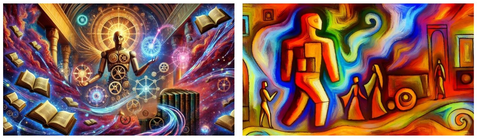 Illustrative. Left: ‘The Librarian Automaton’. Right: ‘Golem’. Images by AI and Gil Dekel. 2024.