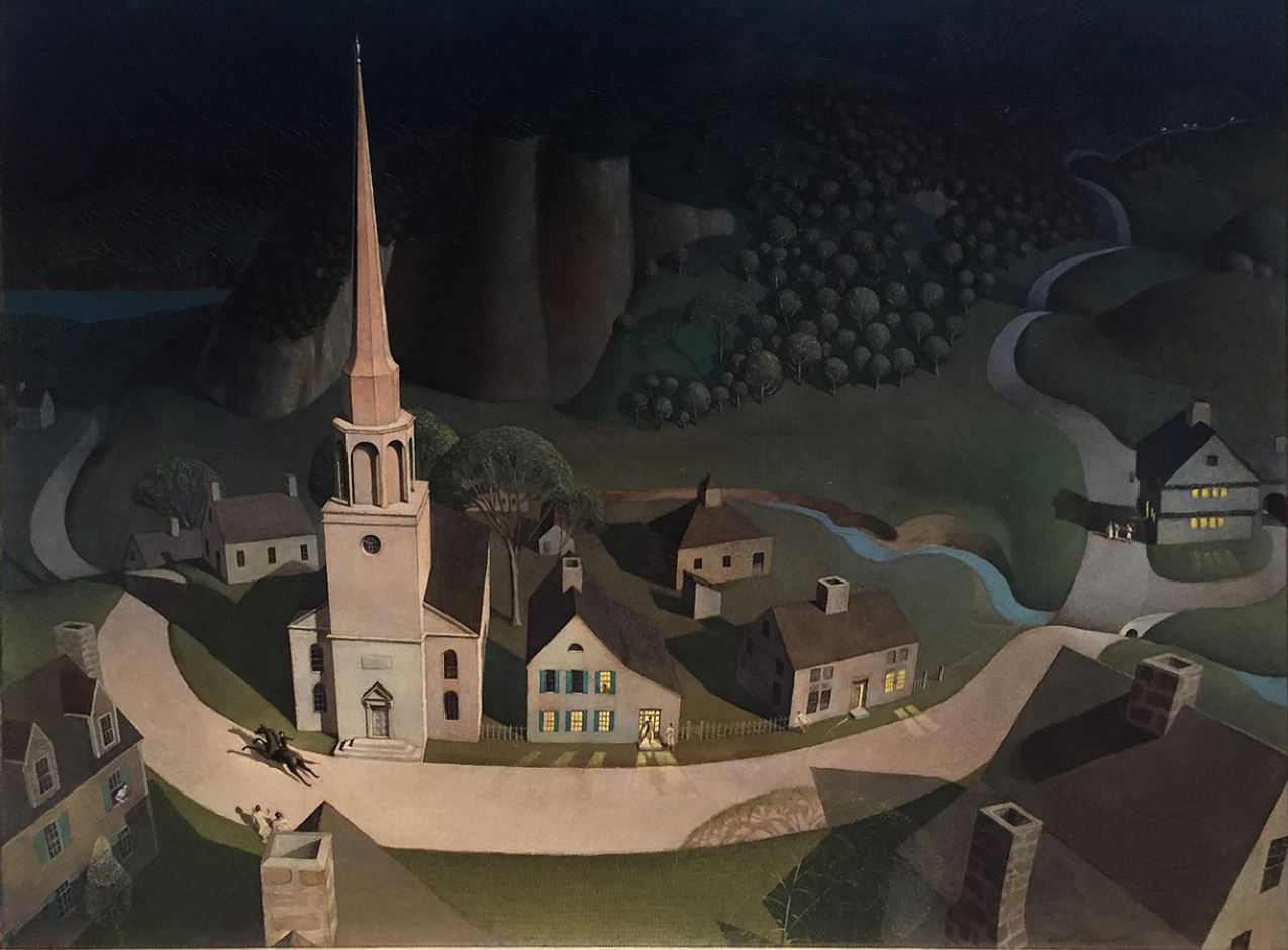 Influencing Leonard: ‘The Midnight Ride of Paul Revere’, by Grant Wood. Oil on Masonite. 76 cm × 100 cm. 1931.  Image in public domain. 