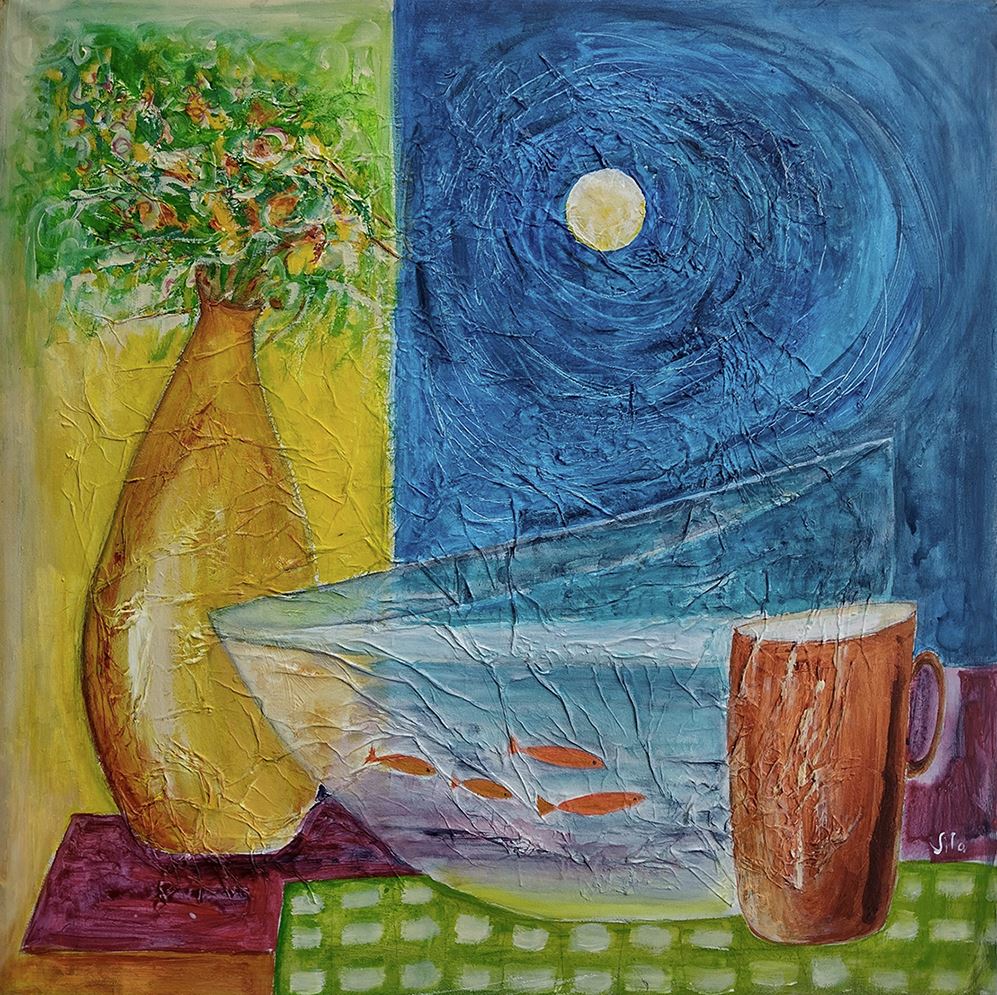 ‘Still Life with Fish’, acrylic and scarp paper on canvas. 48x48 cm. 2023.