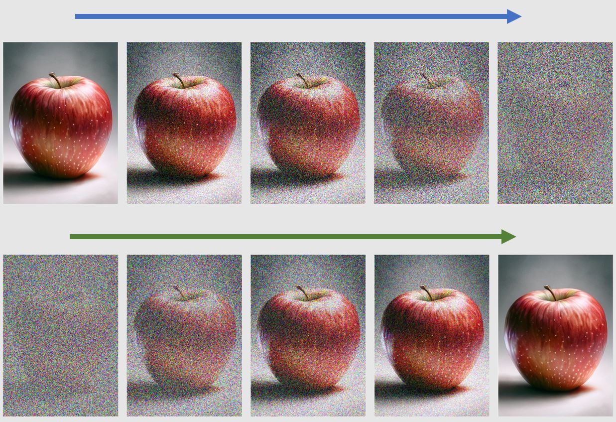 Two rows of images showing an apple gradually transitioning from clear to noisy and vice versa.